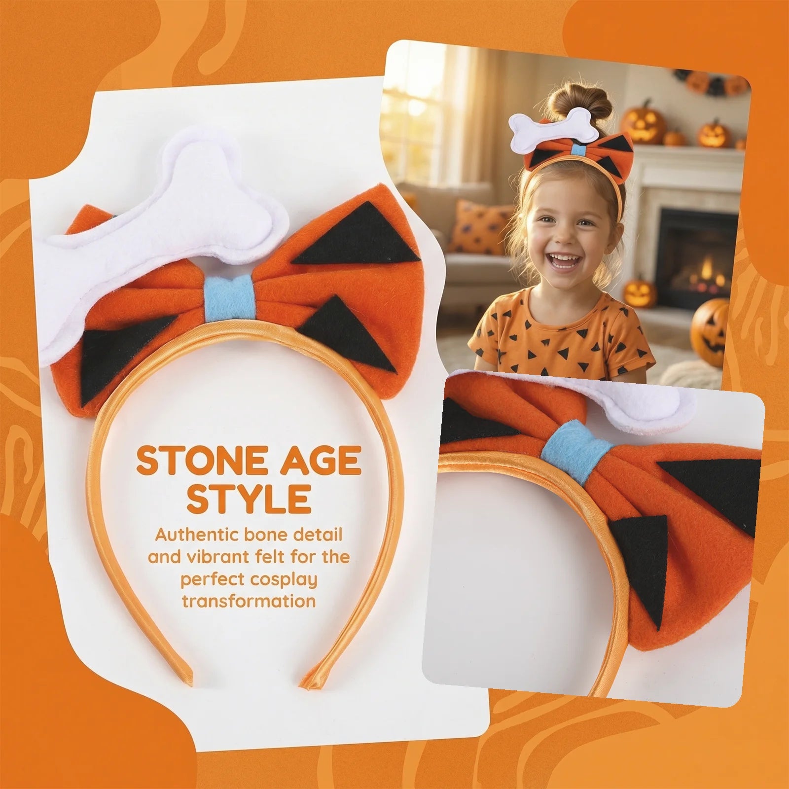 A detail panel presents lightweight costume headband feature details for the orange cavegirl bone bow headband, highlighting the orange bow, black triangular spots and white bone decoration.