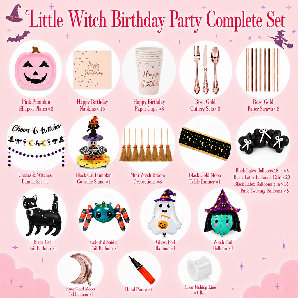 Little Witch Birthday Party Complete Set with pink pumpkin plates, Happy Birthday cups and napkins, rose gold cutlery, balloons, banner, cupcake stand, table runner, hand pump and fishing line