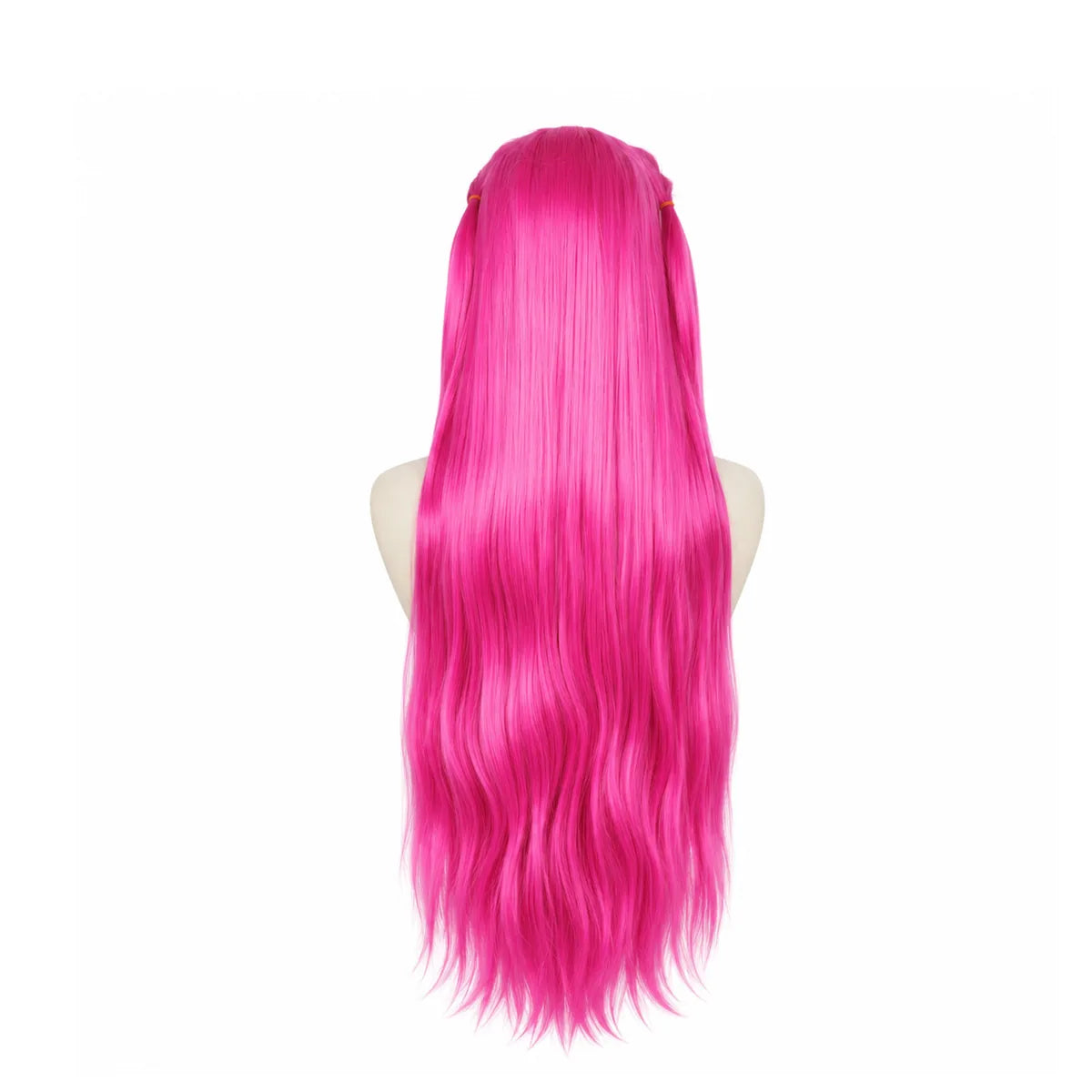 Back view of the long pink cosplay wig, showing the rear shape and visible construction.