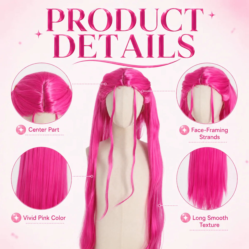Close-up details of the long pink cosplay wig, showing visible texture, color, and construction.