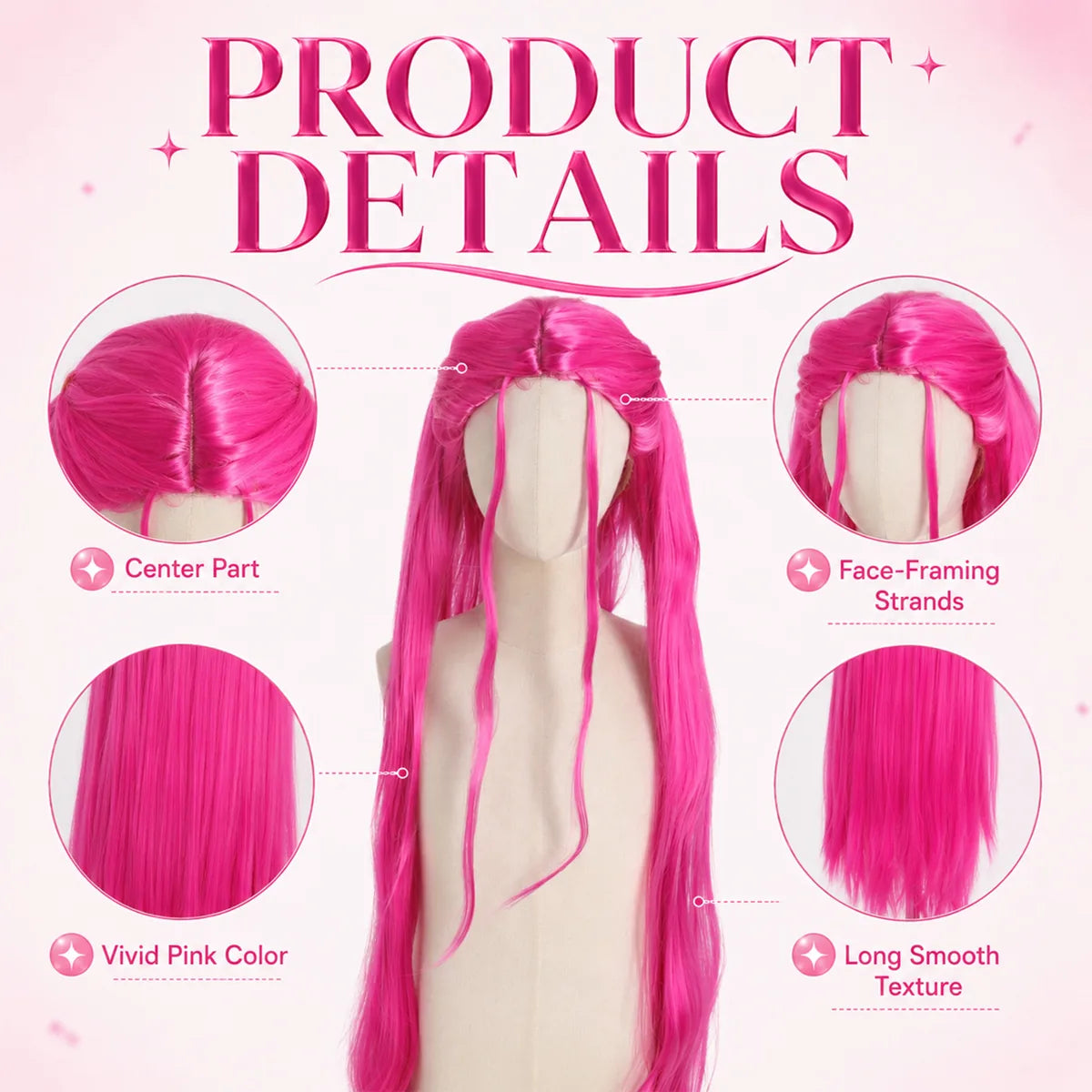 Close-up details of the long pink cosplay wig, showing visible texture, color, and construction.