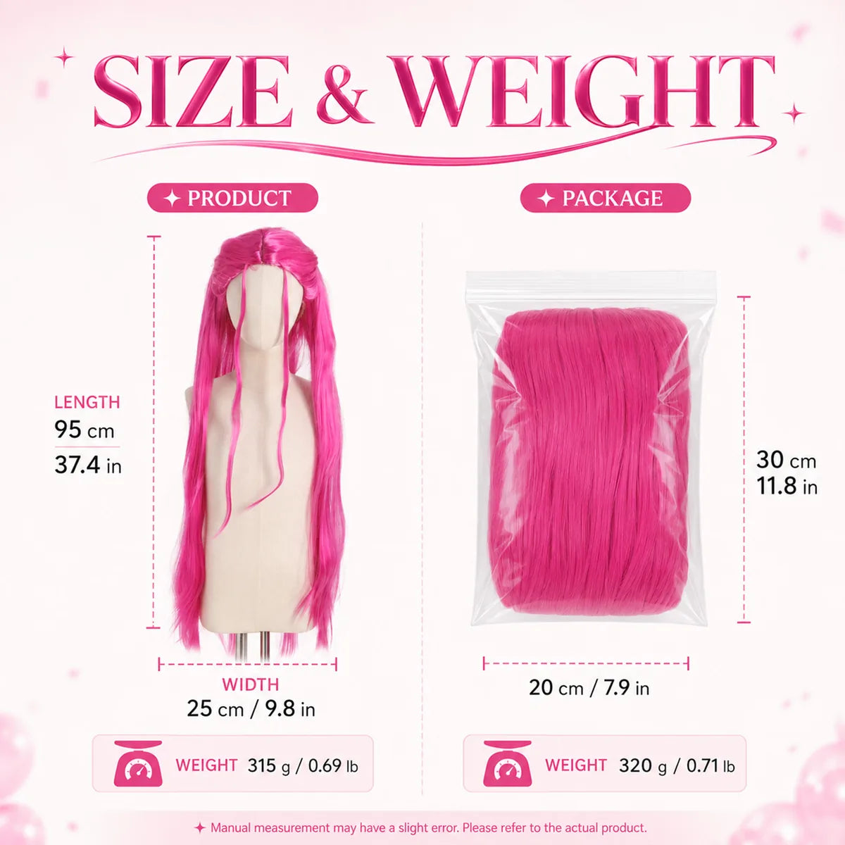 Dimension chart for the long pink cosplay wig, showing the listed product measurements and scale.