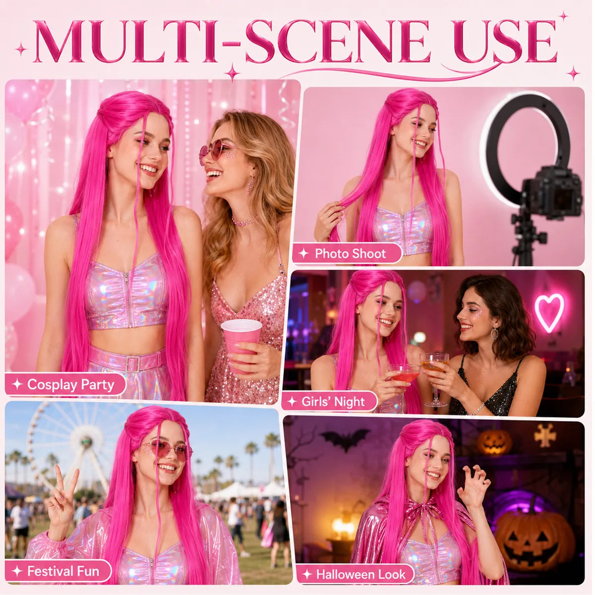 The long pink cosplay wig shown across several styled Halloween and event display scenes.