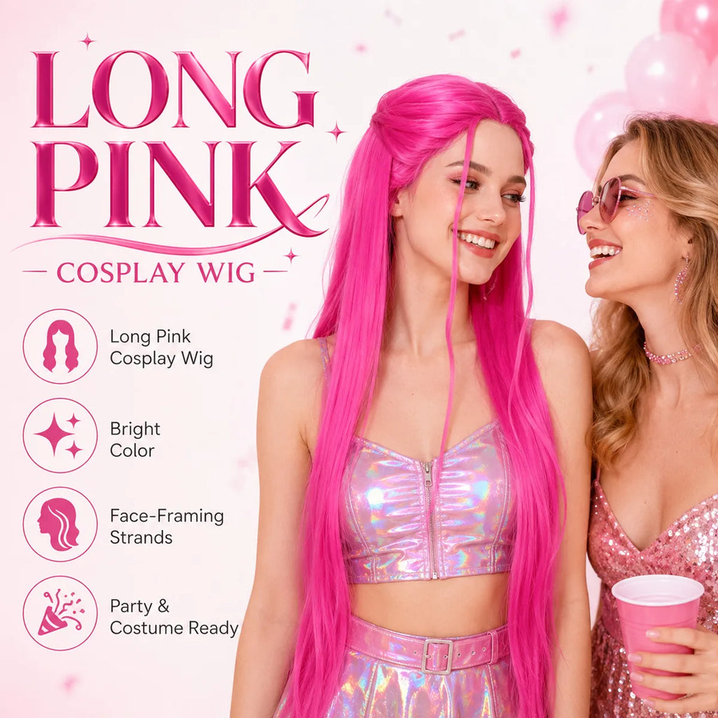 Feature graphic for the long pink cosplay wig, highlighting visible design details and intended use.