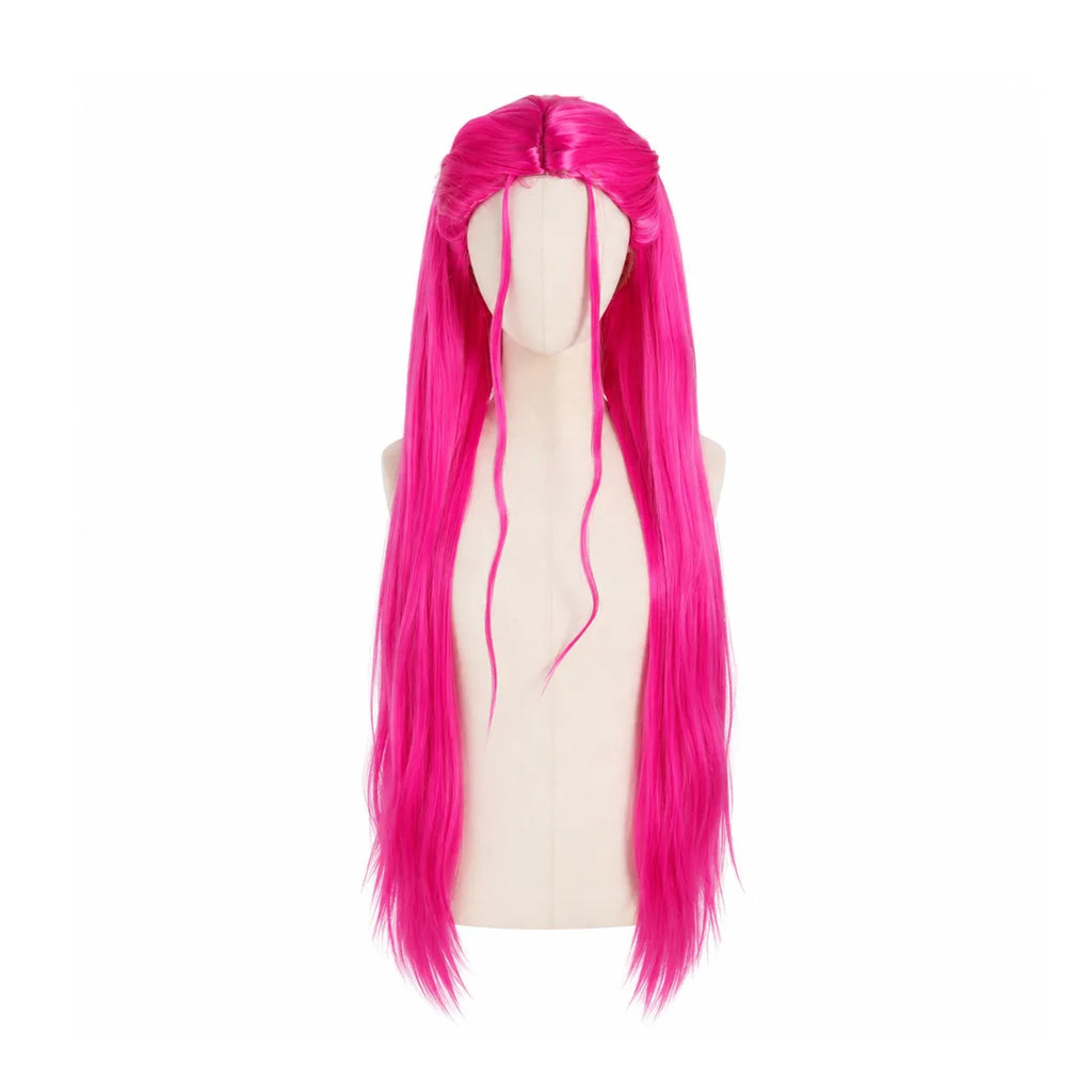Front view of the long pink cosplay wig, showing its overall shape and visible design.