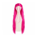 Front view of the long pink cosplay wig, showing its overall shape and visible design.