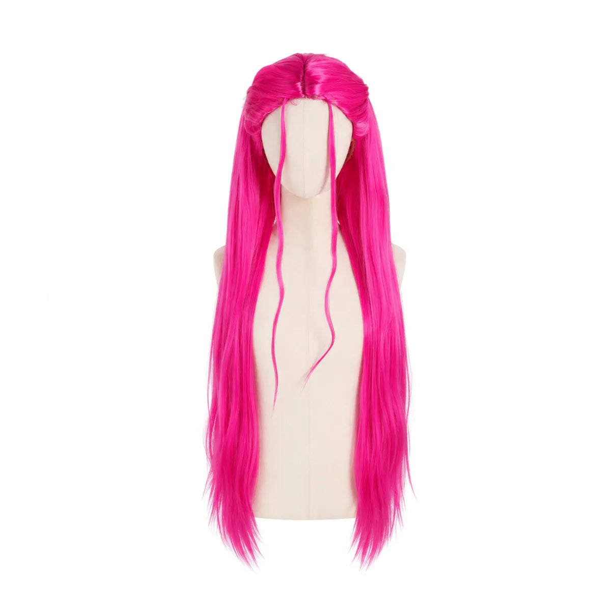 Front view of the long pink cosplay wig, showing its overall shape and visible design.