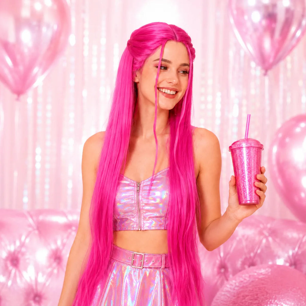 The long pink cosplay wig displayed in a styled Halloween scene for visual context.