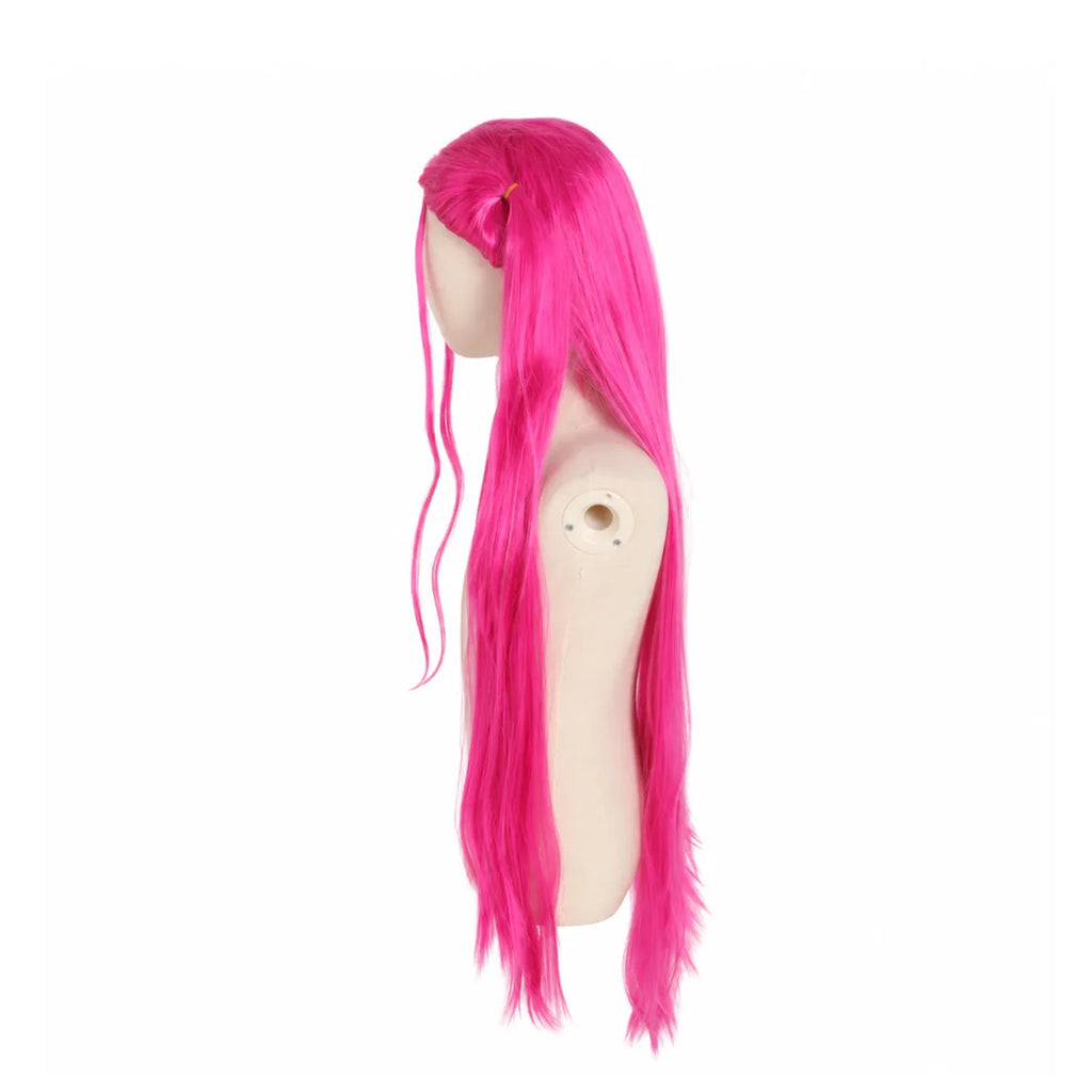 Side view of the long pink cosplay wig, showing its profile and visible construction details.