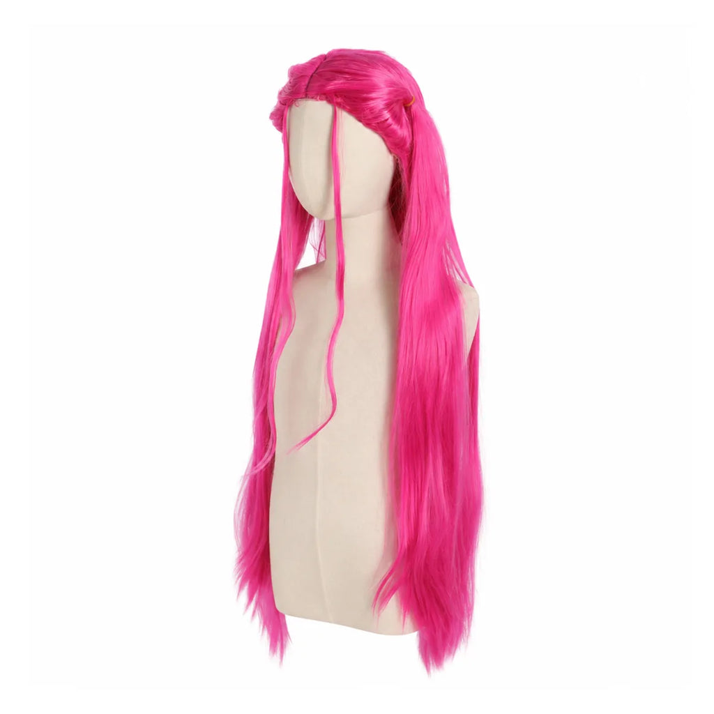 Multiple-angle view of the long pink cosplay wig, showing its shape from different sides.