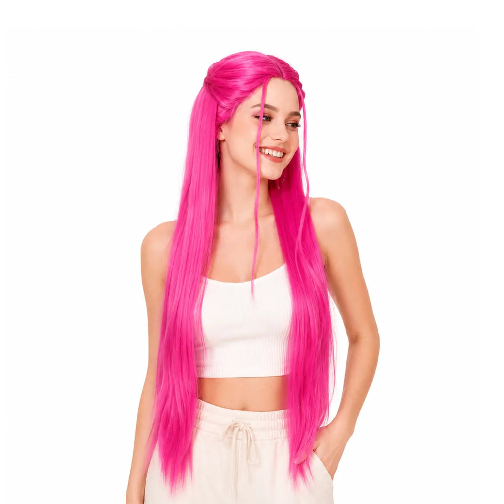 Styled view of the long pink cosplay wig, showing how the item appears in use.