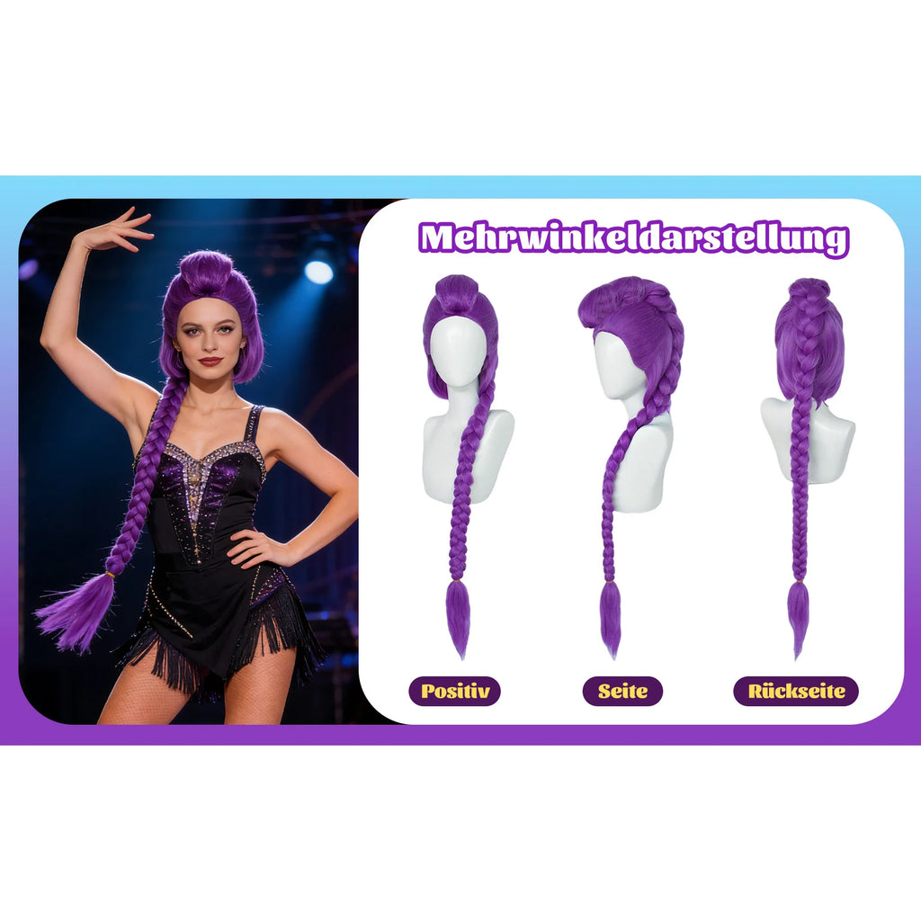 A clear product view presents a long purple braided costume wig for women shown from front side and back, with the vivid purple color, top knot and long single braid clearly visible.