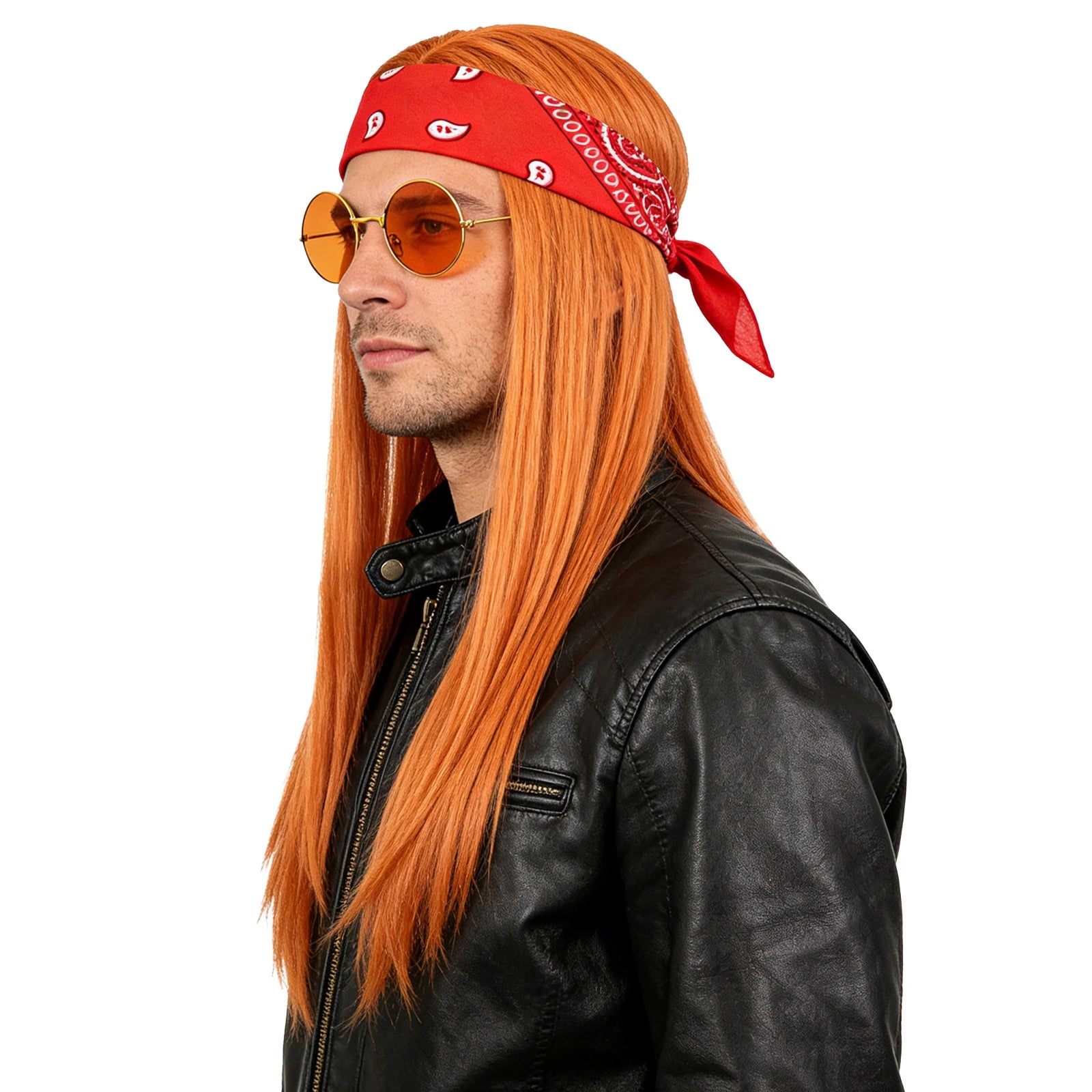 A themed setting presents long retro wig glasses and bandana accessories displayed together, with the long orange-brown wig, red bandana and round tinted glasses clearly visible.