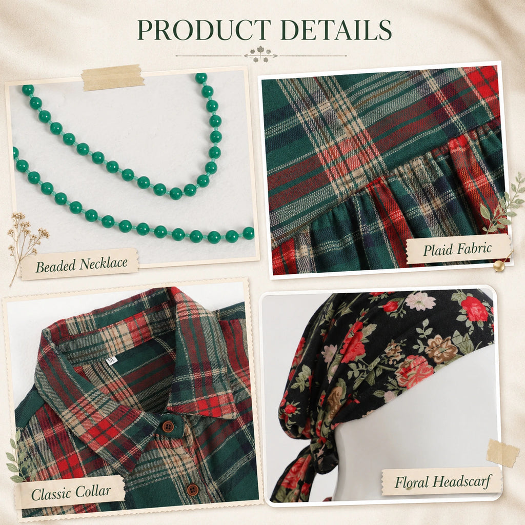 Close views of the long sleeve green plaid dress collar and fabric beside the floral headscarf and green necklace.