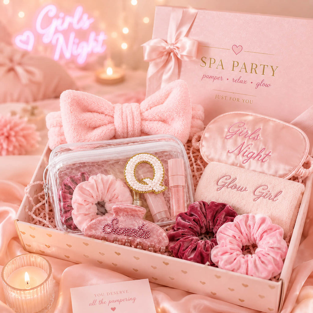 Luxury girls spa party gift box set with clear cosmetic pouch, scrunchies, sleep mask, spa headband, and beauty accessories on pink satin background