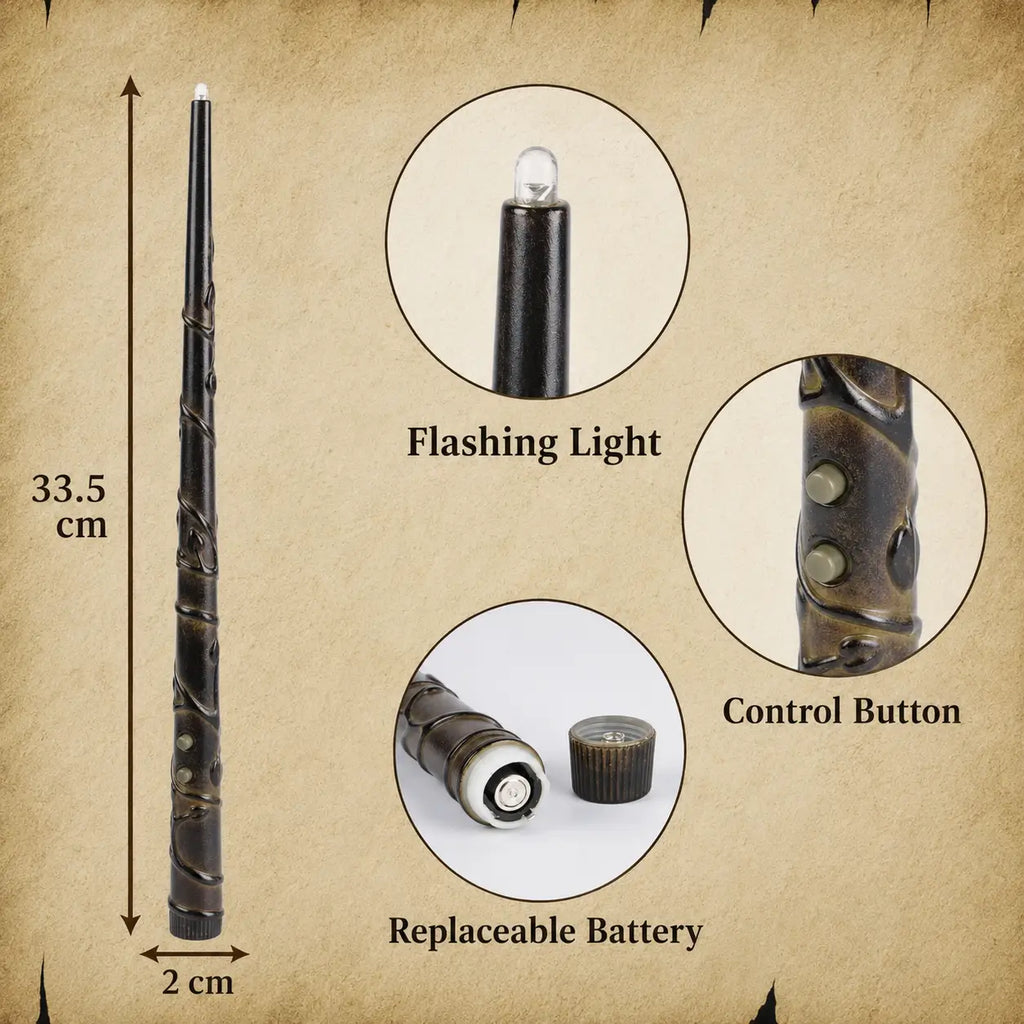 Magic wand light shown with size measurement, flashing light detail, control buttons, and replaceable battery compartment.