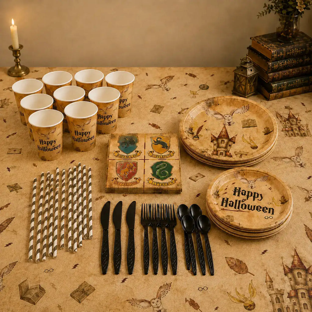 Vintage magic-themed birthday party table setup with cups, plates, napkins, black cutlery, striped straws, and full tablecloth in warm cozy lighting