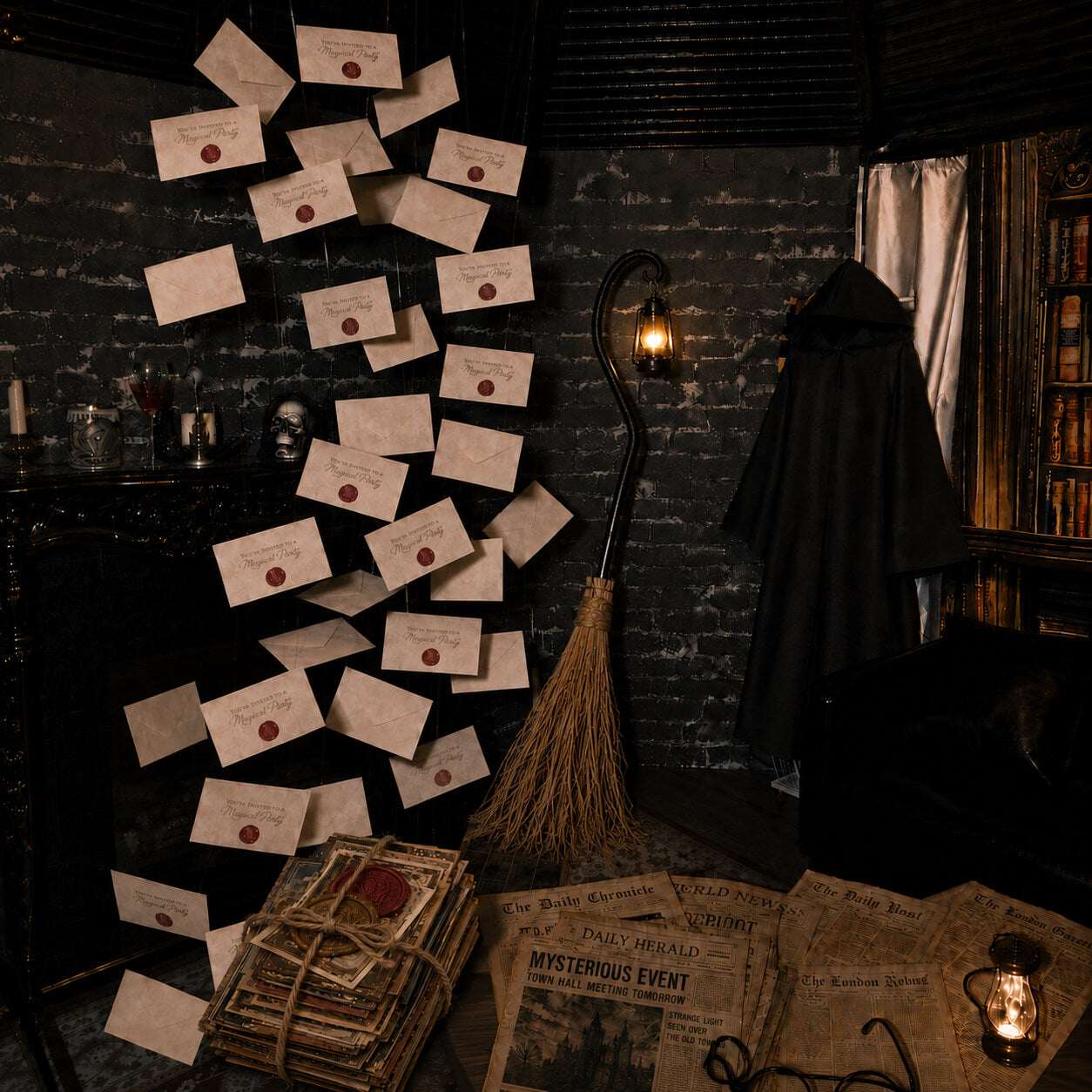 A dark magical party scene featuring floating invitation envelopes in a gothic wizard-style room. Some envelopes display the message “You’re Invited to a Magical Party” with red wax seals, while others show their blank backs. A glowing lantern broom leans diagonally against the wall beside scattered vintage newspapers, and a bundle of ornate magical cards tied with rope rests on the floor, creating a mysterious Halloween-inspired atmosphere