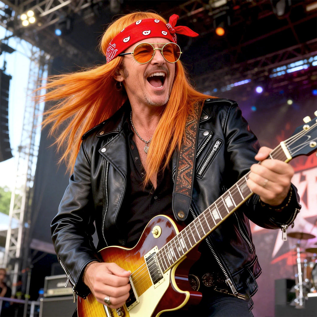 A man wears a long hippie wig and retro costume accessories, with the long orange-brown wig, red bandana and round tinted glasses clearly visible.
