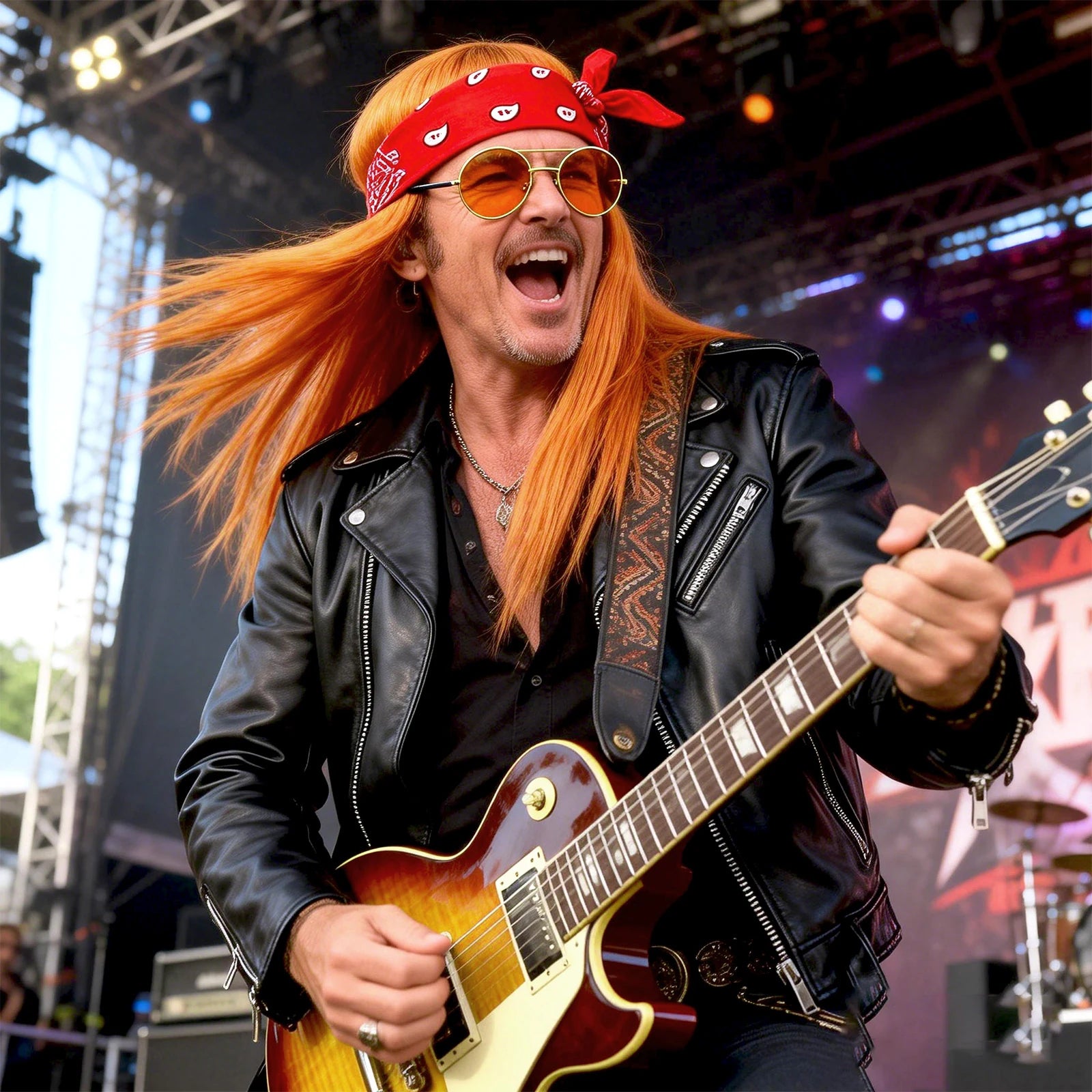 A man wears a long hippie wig and retro costume accessories, with the long orange-brown wig, red bandana and round tinted glasses clearly visible.