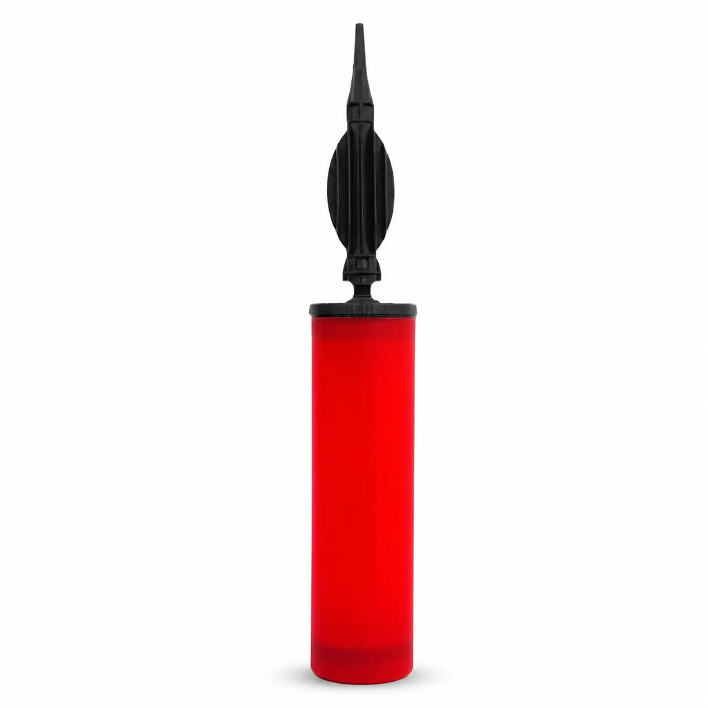 Red manual balloon pump with black nozzle for inflating party balloons and event decorations.