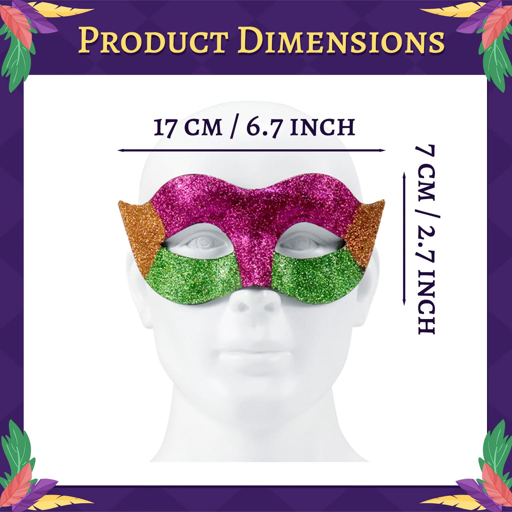 A measurement chart presents mardi Gras eye mask dimensions 6.7 by 2.7 inches, including the visible size information for the purple, green and gold glitter Mardi Gras eye mask.