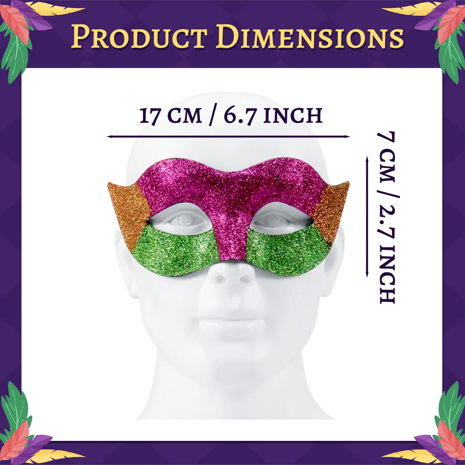 A measurement chart presents mardi Gras eye mask dimensions 6.7 by 2.7 inches, including the visible size information for the purple, green and gold glitter Mardi Gras eye mask.