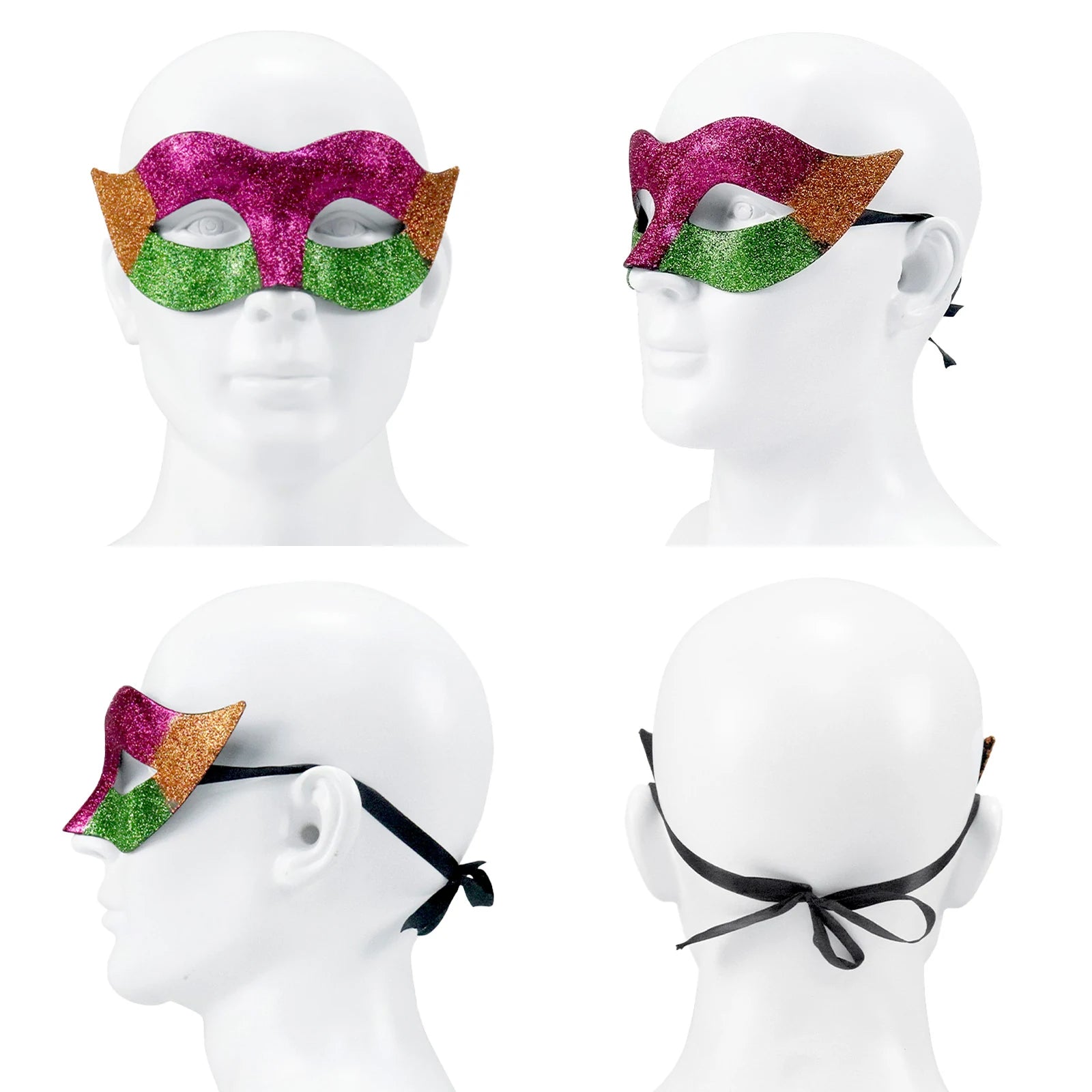 Mardi Gras half-face mask shown from multiple angles to highlight the purple, green and gold glitter panels with pointed side accents.