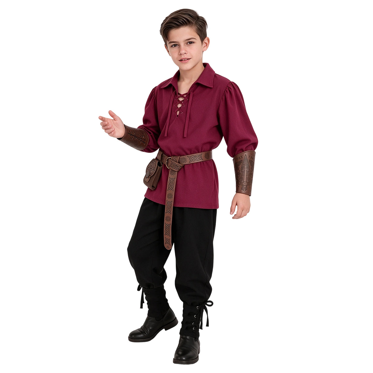 Full-length view of a boy in the red medieval costume with black pants and brown costume accessories.