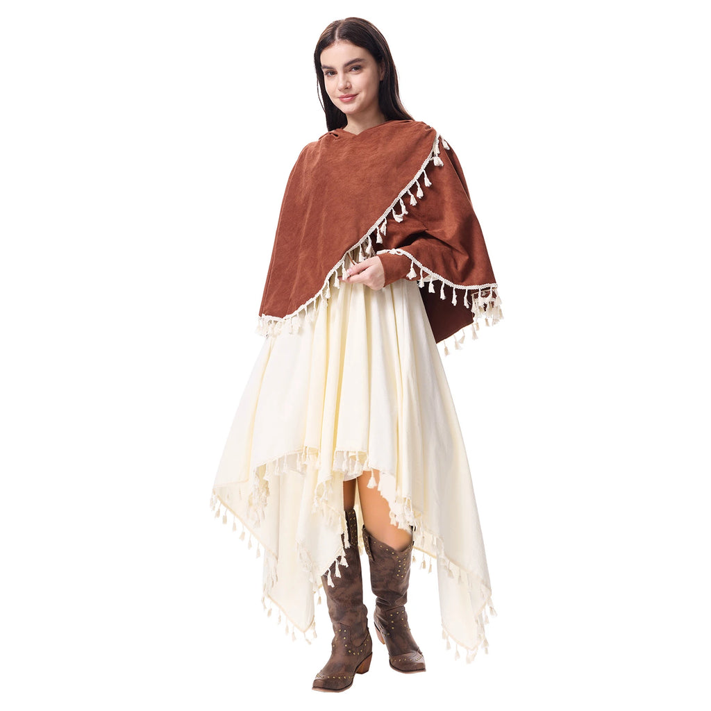 Angled view of the lace-up medieval dress and hooded shawl