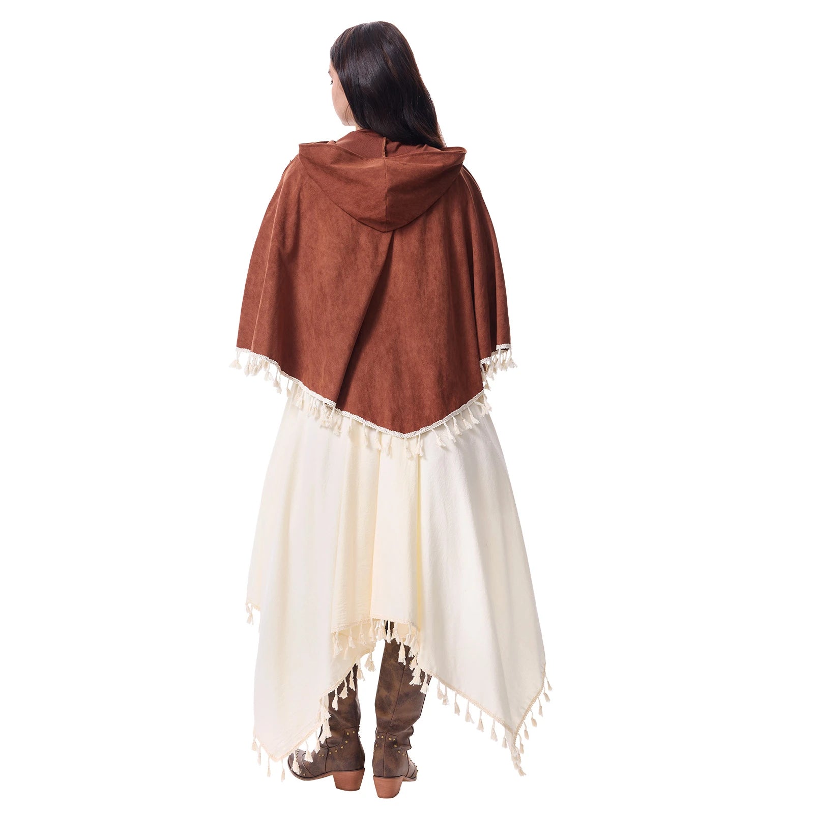 Back view of the brown hooded shawl over the ivory medieval dress