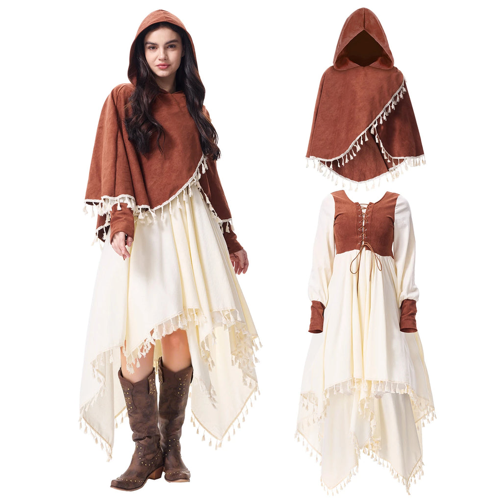 Two-piece medieval costume contents with dress and hooded shawl