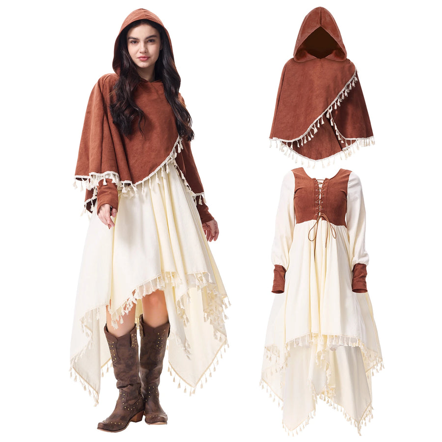 Two-piece medieval costume contents with dress and hooded shawl