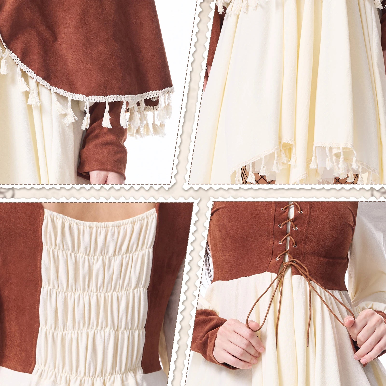 Lace-up bodice, gathered waist, cuffs, and tassel trim on a medieval-inspired costume