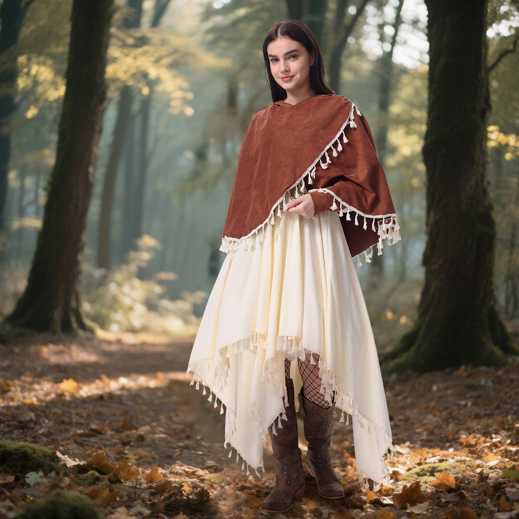 Brown hooded shawl and ivory Renaissance dress styled in a forest setting