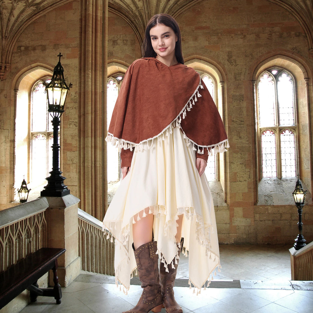 Women's medieval dress and hooded shawl in a historic hall setting