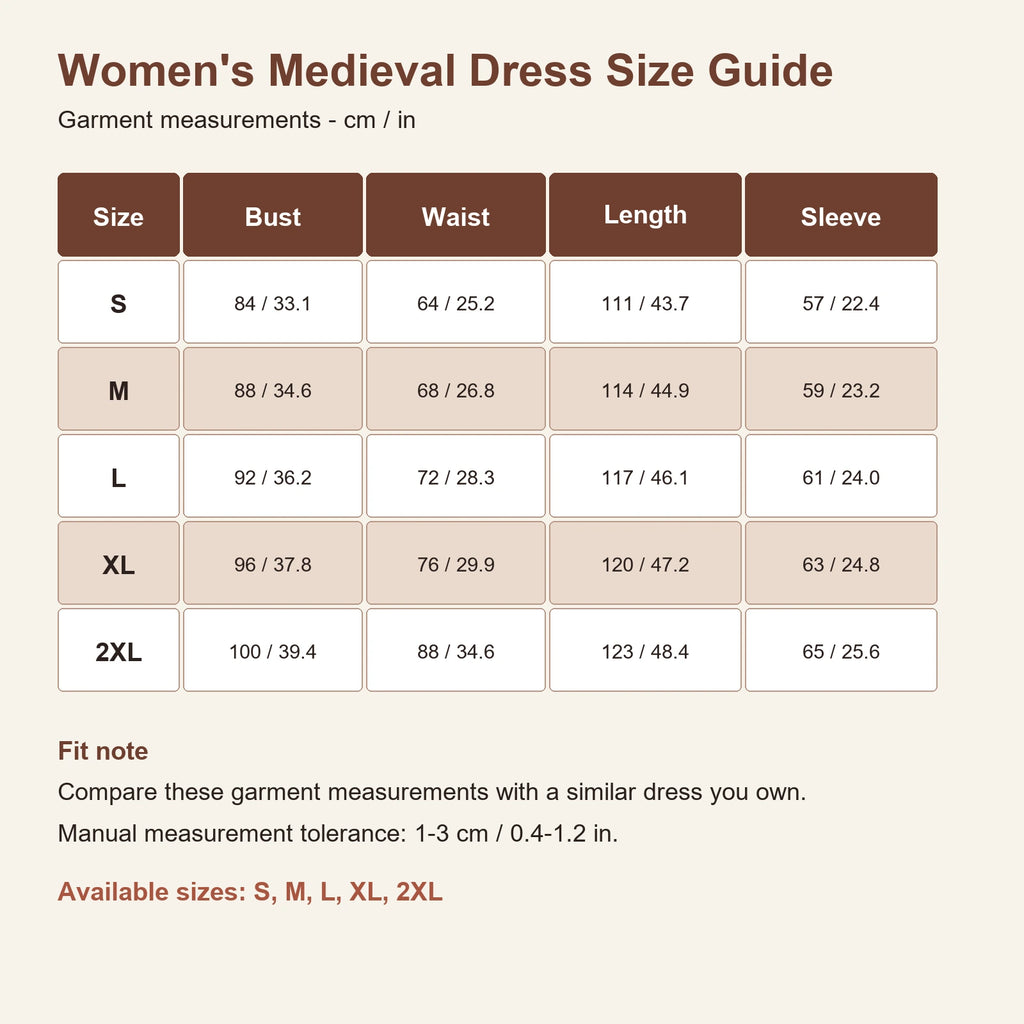 Women's medieval dress size guide for S through 2XL