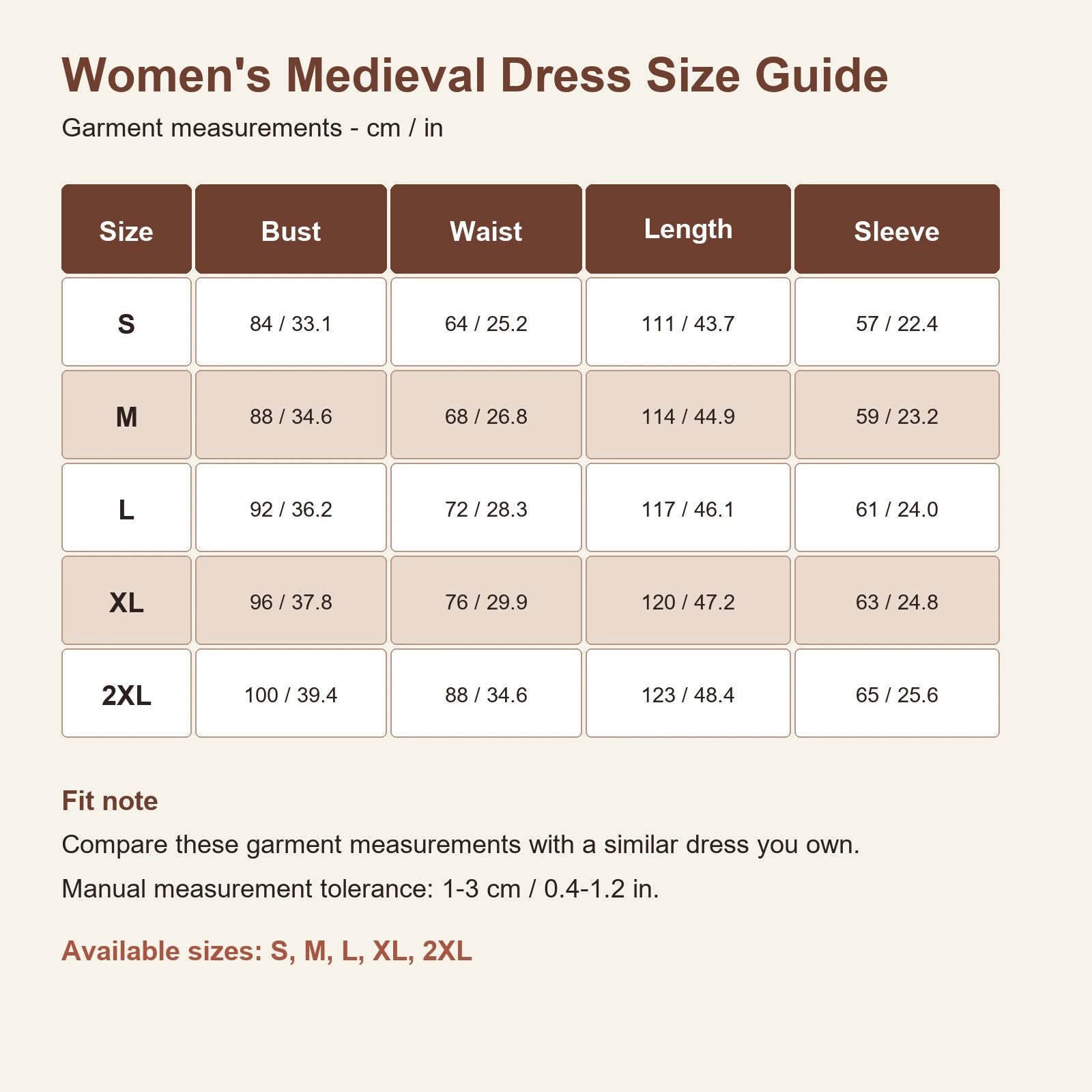 Women's medieval dress size guide for S through 2XL