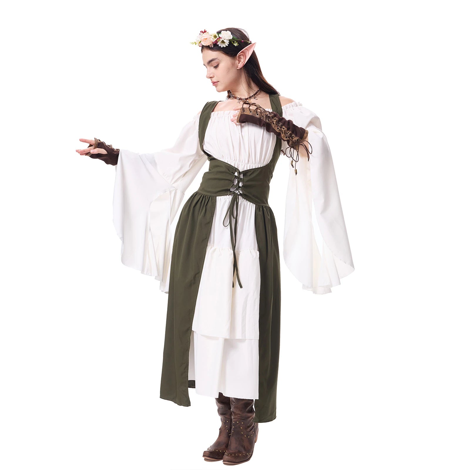 Angled view of the army green lace-up medieval elf dress