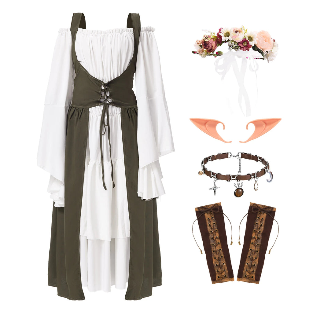 Five-piece medieval elf costume with dress, crown, ears, choker and arm cuffs