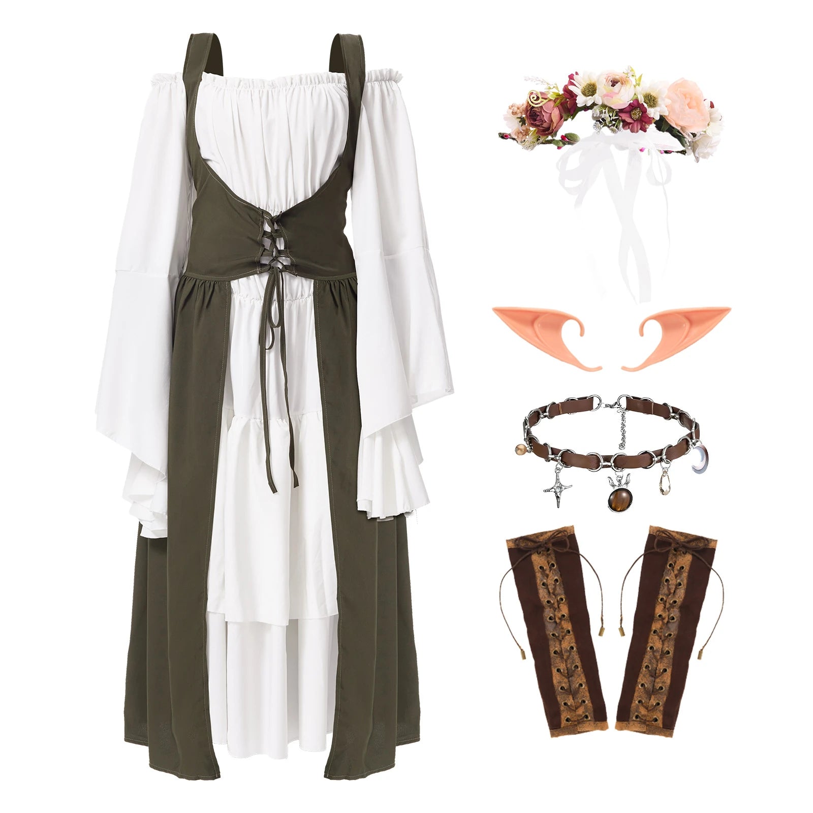 Five-piece medieval elf costume with dress, crown, ears, choker and arm cuffs