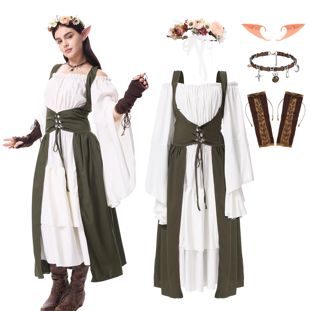 Women's army green and white medieval elf costume with flower crown and accessories