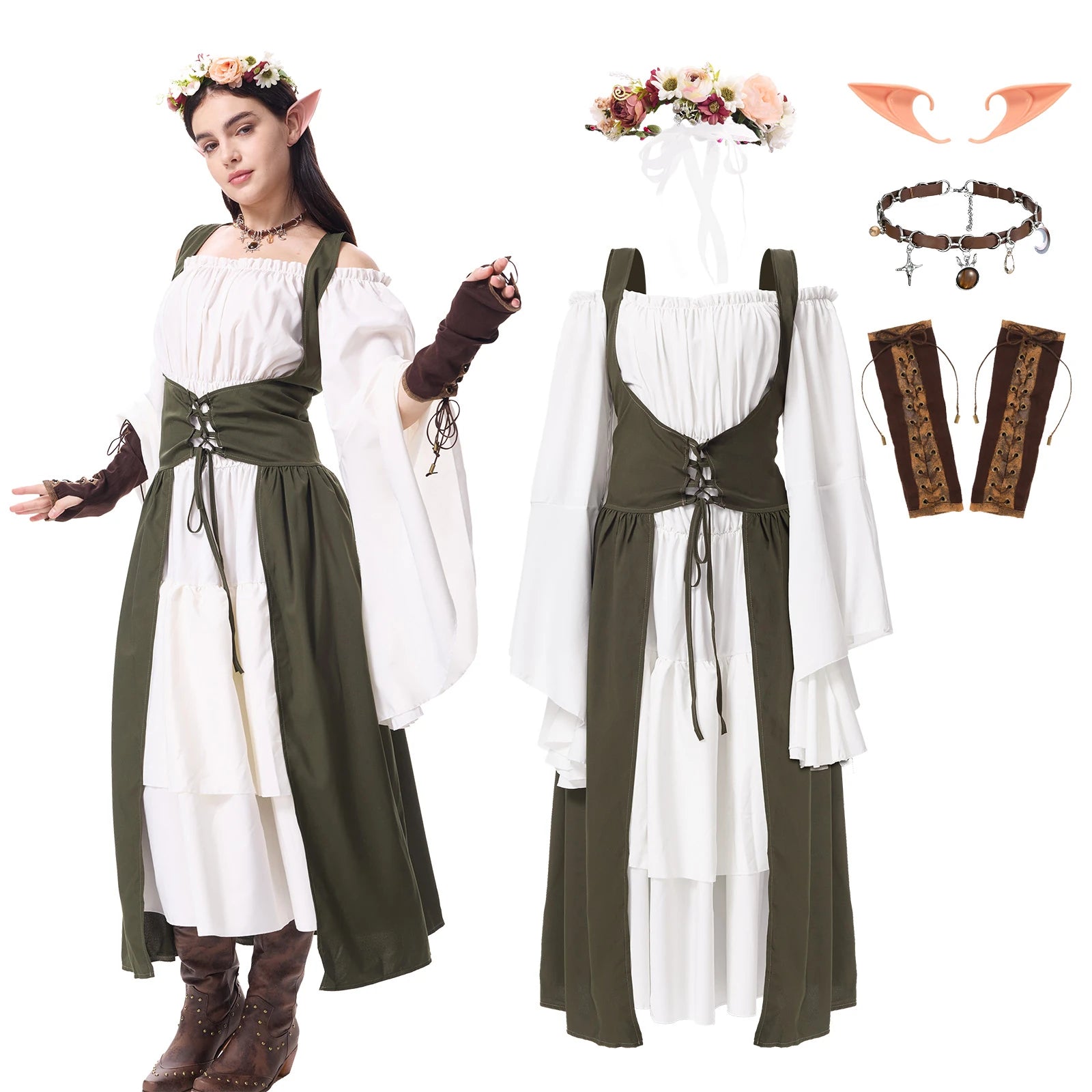 Women's army green and white medieval elf costume with flower crown and accessories