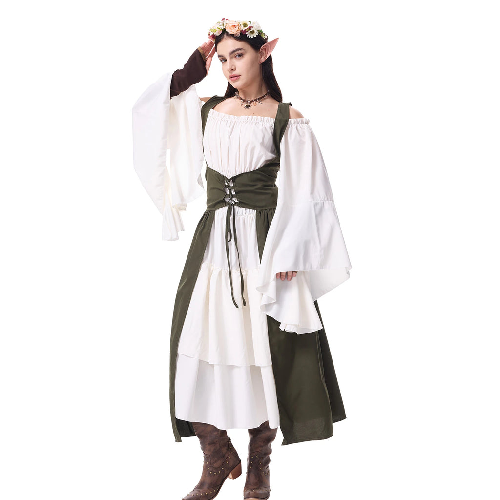 Side view of the army green and white woodland elf costume