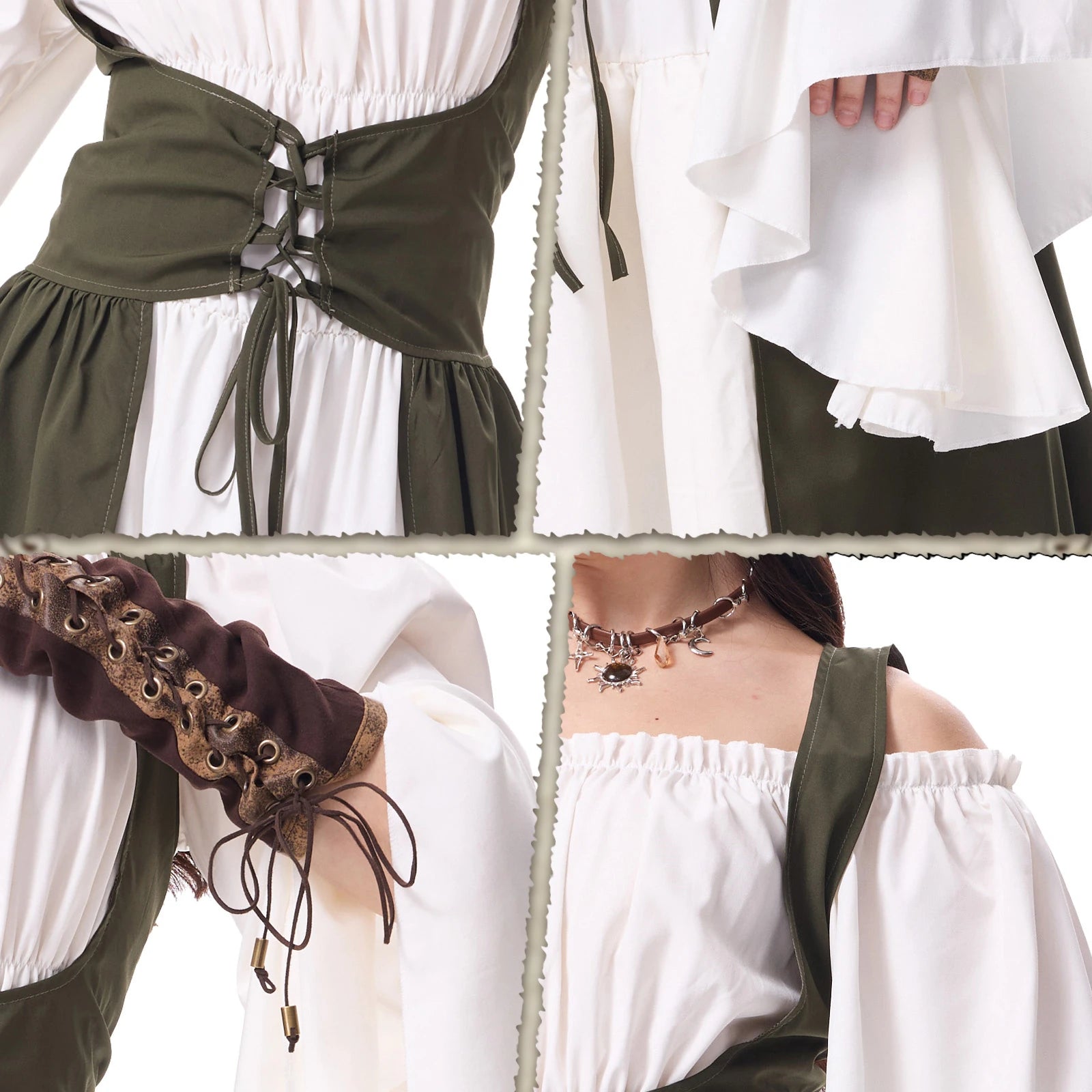 Lace-up waist, layered sleeve, arm cuff and celestial choker details