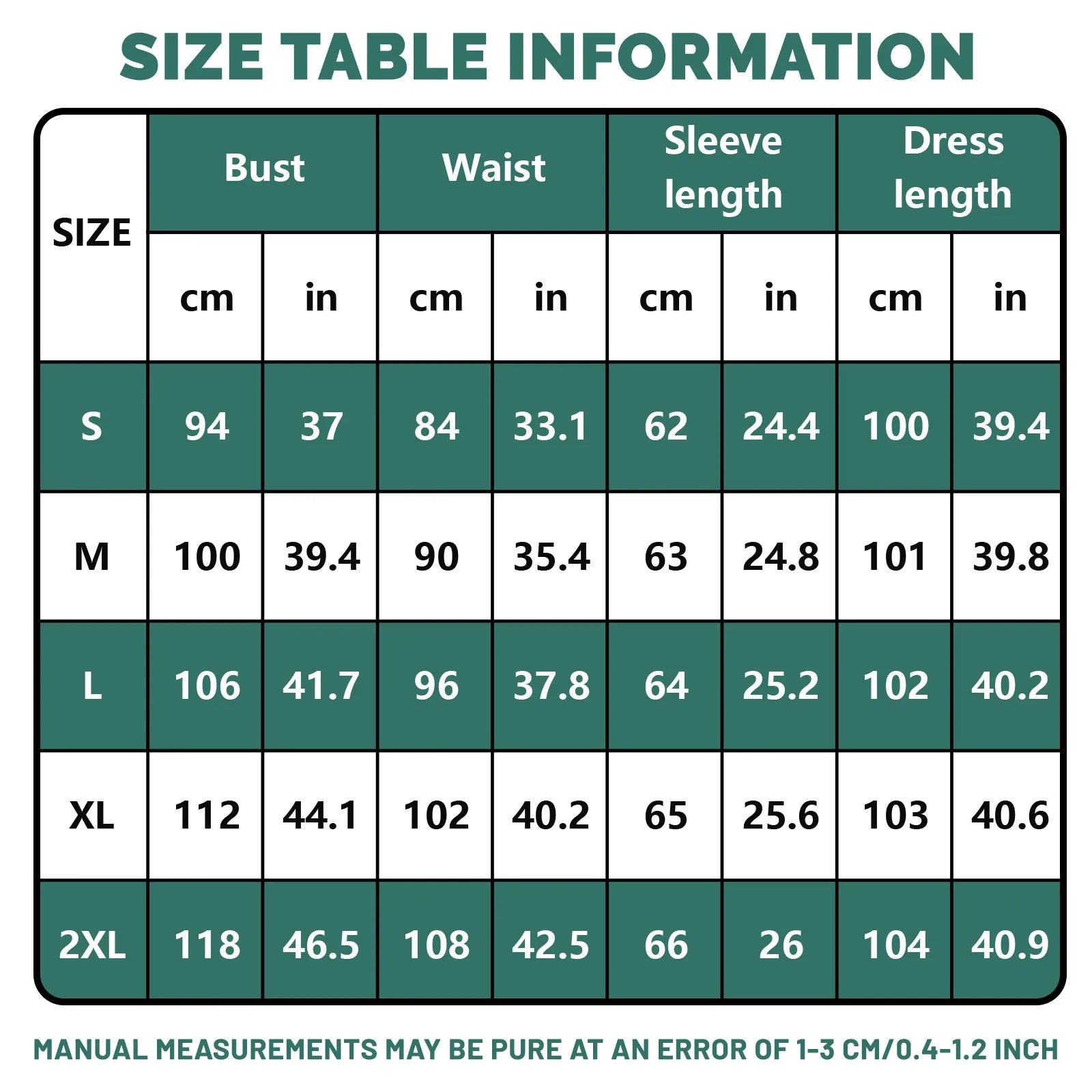 Size chart for the medieval elf costume with bust, waist, sleeve, and dress length measurements from S to 2XL.
