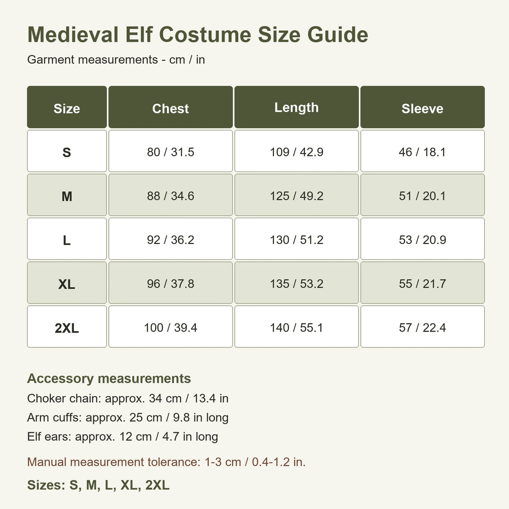Women's medieval elf costume size guide for S through 2XL