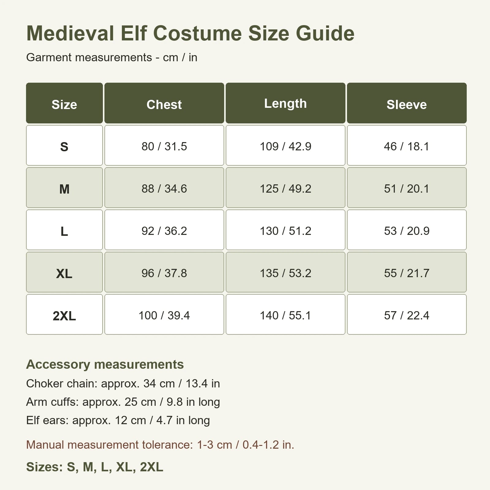 Women's medieval elf costume size guide for S through 2XL