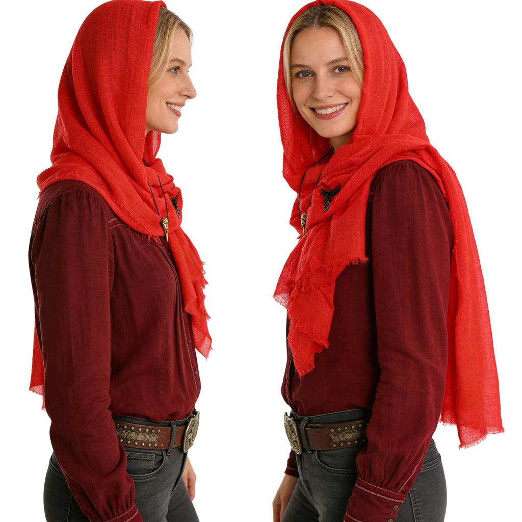Red hooded shawl shown from two side angles