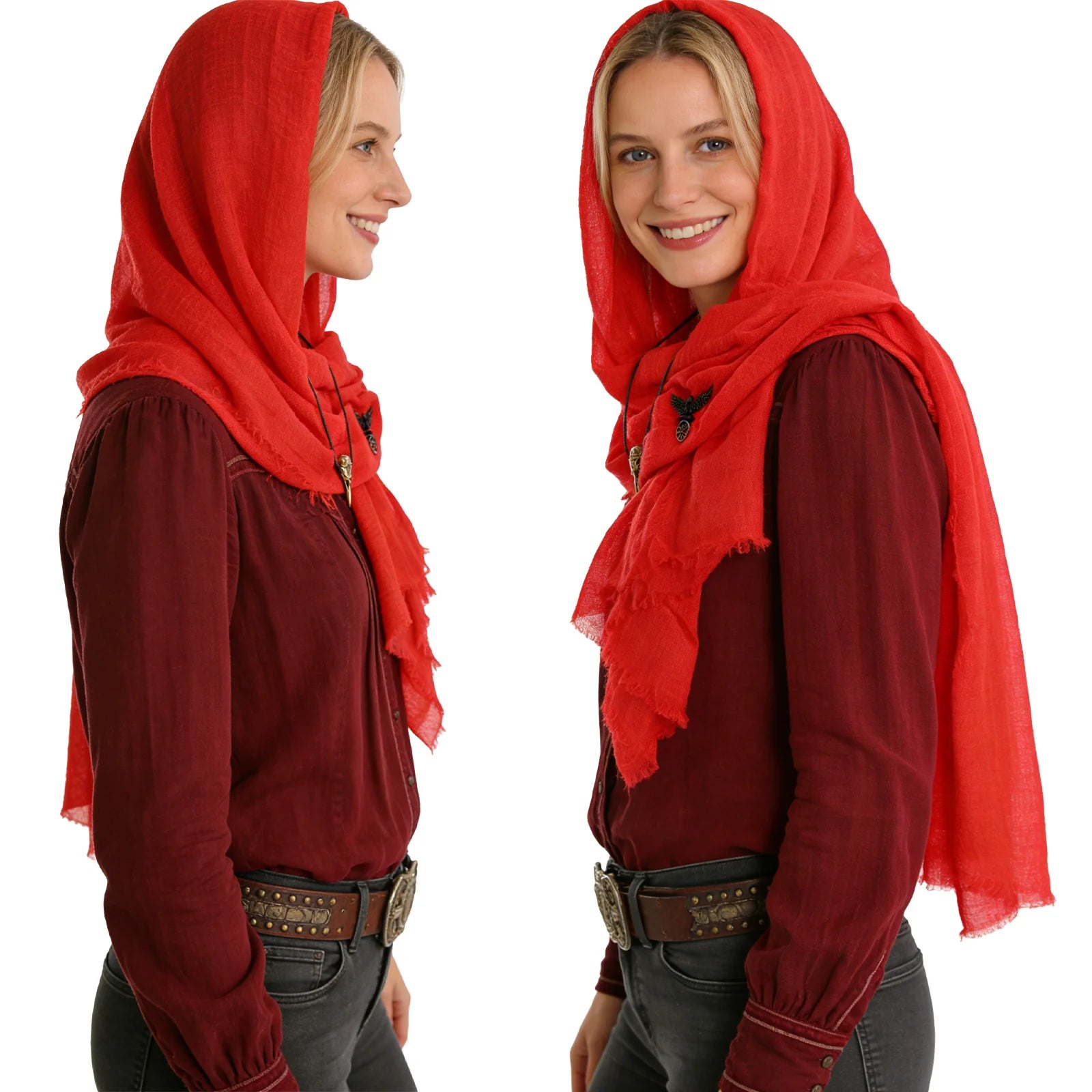 Red hooded shawl shown from two side angles